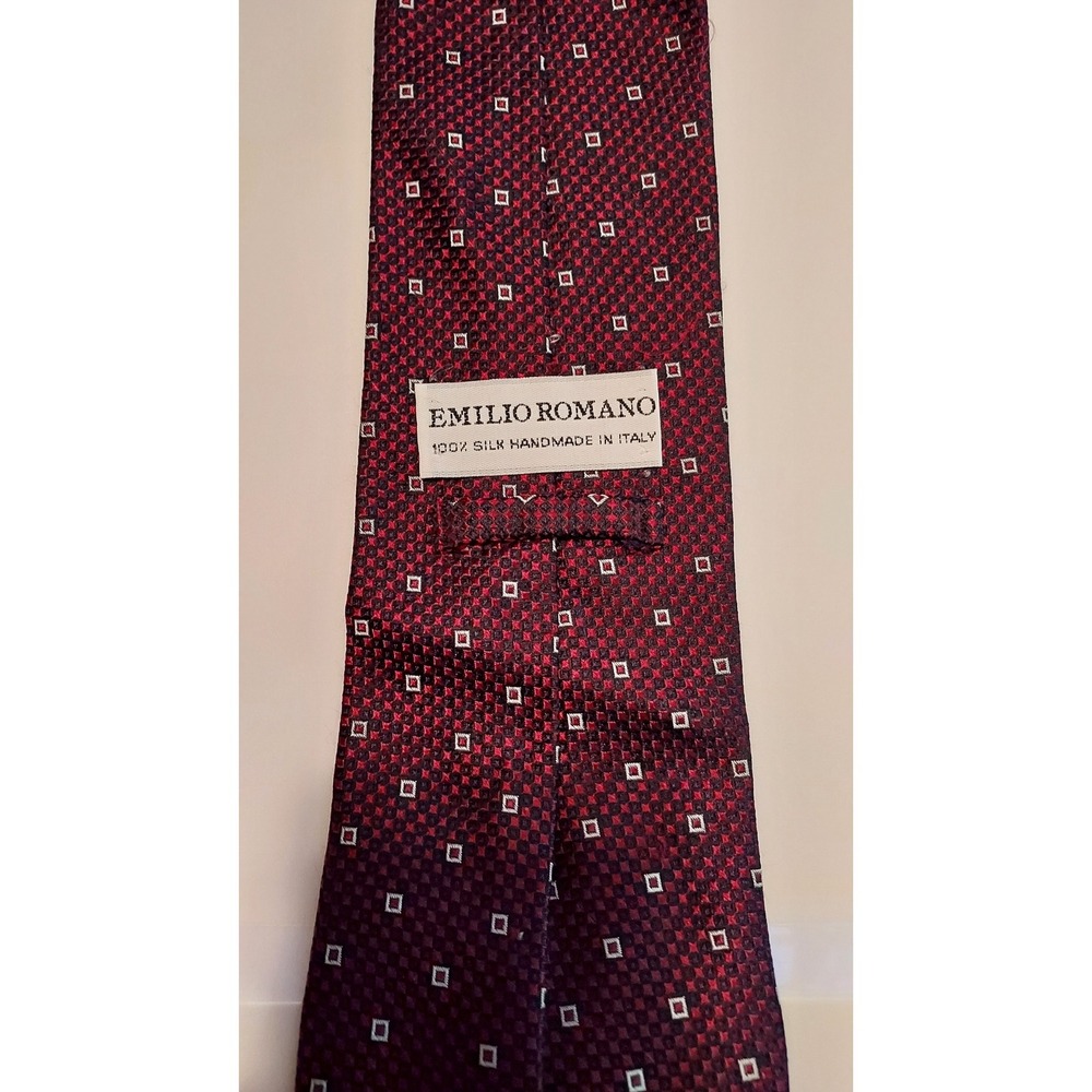 Emilio Romano Necktie Burgundy Red Silk Handmade in Italy Square Pattern Men